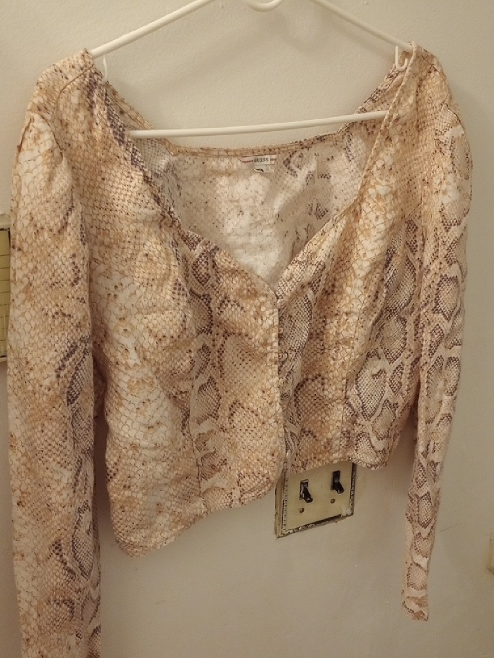 Guess Beige and Brown Snake Print Button-Front Linen Crop Top